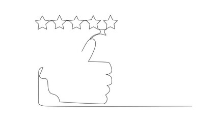 Poster - Self drawing animation of continuous one line drawing robotic artificial intelligence sitting on thumbs up typing on laptop. Satisfied robot giving 5 gold stars. Online shop. Full length animated