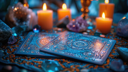 Close-up of a tarot card being placed on a table, with candles and crystals in the background