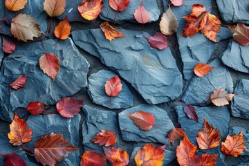 Wall Mural - A full-frame image featuring a beautiful arrangement of colorful autumn leaves delicately placed on a textured stone surface