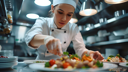 Culinary expert putting fresh chopped herbs in pan while cooking gourmet dish for dinner service at fine dining restaurant. Head chef preparing organic meal in professional kitchen.