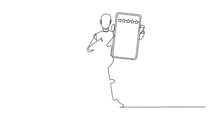 Poster - Self drawing animation of single continuous line drawing robot standing holding smartphone showing screen to the front. Rating of 5 stars to online seller. Future technology. Full length animated