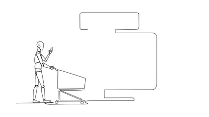 Poster - Self drawing animation of continuous one line drawing robotic walking carry trolley while typing on a smartphone towards large monitor screen. Online shopping. Rate 5 star. Full length animated