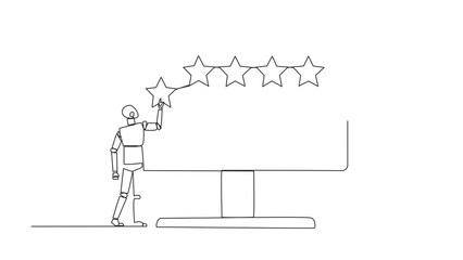 Poster - Animation of one line drawing of single one line drawing robotic standing and trying to stick one star on big monitor. Giving 5 star feedback. Stars quality result. Giving review. Full length motion