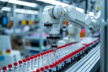 Poster - Automated robotic arm engaged in the production line inside modern factory, handling clear vials