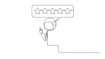 Poster - Self drawing animation of continuous one line drawing happy astronaut holding several shopping bags. The other hand typing on the smartphone gives 5 star review. Online shopping. Full length animated