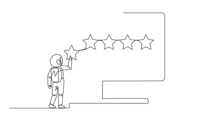 Poster - Animation of single continuous line drawing astronaut standing and trying to stick one star on big monitor. Giving 5 star feedback. Giving star quality result. Full length motion