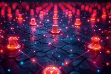 Poster - Abstract representation of a network with connecting nodes and data exchange, conveying concepts of interconnectivity and technology