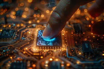 Poster - An intricate view of a fingertip touching a luminous blue microchip among other high-tech components on a board