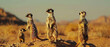 Meerkats standing tall in the desert, looking around with curious eyes under the bright sun.