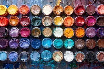 Poster - Overhead shot of multiple open paint cans revealing vibrant colors, showcasing an artist's palette in hues of the rainbow