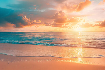 Poster - Closeup sea sand beach. Panoramic beach landscape. Inspire tropical beach seascape horizon. Orange and golden sunset sky calmness tranquil relaxing sunlight summer mood. Vacation travel holiday banner