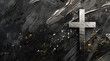 A silver cross on the right side of an abstract dark background with splashes, brush strokes and gold dust in the style of an abstract artist
