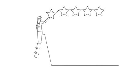 Poster - Animation of one line drawing of continuous one line drawing young energetic happy woman climbs ladder carry 1 star, making it 5 stars in a row. Give recommendation to the seller Full length motion