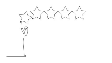 Poster - Self drawing animation of continuous one line drawing woman stood holding up a star with both hands and pasting it up to make 5 stars in a row. Give the best review. Online shop. Full length animated