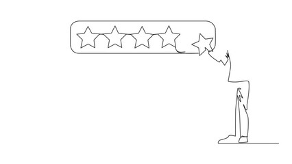 Poster - Animation of one line drawing of single continuous line drawing happy woman standing holding 1 star and wants to make it 5 star array. Satisfied customers and give a perfect rating. Full length motion