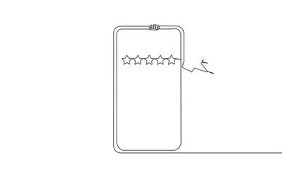 Poster - animated self drawing of continuous one line drawing woman stands behind big smartphone, head and bo