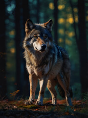  A wolf in the forest among the trees and bushes