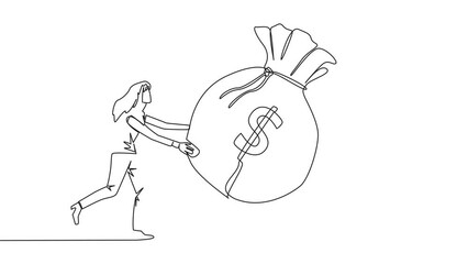 Poster - self drawing animation of one line drawing two businesswoman fighting over big money bag. fighting f