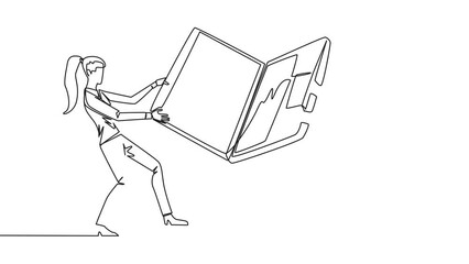 Poster - Animation of continuous line drawing two emotional businesswoman fighting over the laptop. Fighting for information about very good area to be the next target market. Full length motion