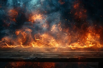 Poster - A powerful combination of fire and billowing smoke over a wooden surface