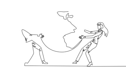 Poster - Self drawing animation of continuous line drawing two strong businesswoman fighting over the globe. Fighting over the area that will be the target of sales expansion. Aggressive. Full length animated