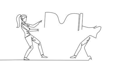 Poster - animation of single line drawing two angry businesswoman fighting over the hourglass. ask each other