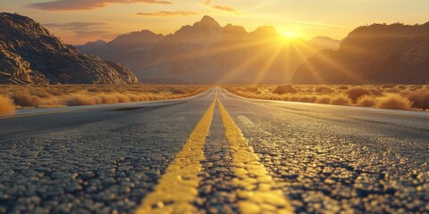 Wall Mural - Straight road leading into the distance, mountains in background, golden hour lighting, yellow lines on asphalt, desert landscape, warm tones, clear sky with sun setting behind mountain range.