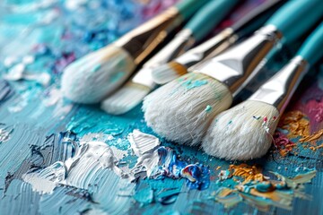 Poster - A selection of blue and white paintbrushes with thick, tactile paint textures on a bright canvas highlighting artistic tools and creativity