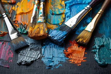 Poster - Various paintbrushes with bright paint colors and dynamic strokes spread across a canvas, showcasing artistic expression
