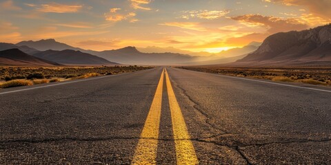 Wall Mural - Straight road leading into the distance, mountains in background, golden hour lighting, yellow lines on asphalt, desert landscape, warm tones, clear sky with sun setting behind mountain range.