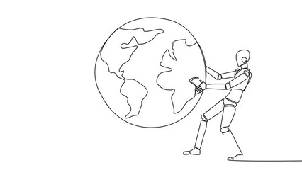 Poster - Animated self drawing of single one line drawing two strong robot fighting over the globe. Fighting over area that will be the target of sales expansion. Aggressive. Full length single line animation