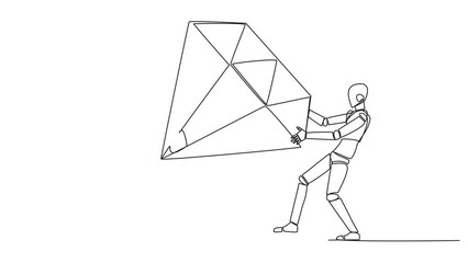 Poster - Animation of continuous one line drawing two selfish robot fighting over the big diamond. Fight over diamond mines that make profit boost for robotic. Conflict. AI tech. Full length motion