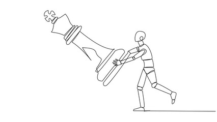 Poster - Animated self drawing of continuous line drawing two angry robot fight over big king chess pieces. The metaphor of scrambling to save a business by helping investors. Full length single line animation