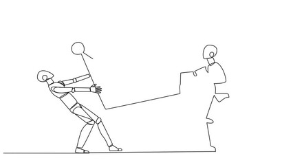 Wall Mural - Animated self drawing of continuous line drawing two emotional robot fighting over the crown. Fighting for become the most successful and respected robotic. Conflict. AI technology. Full length motion