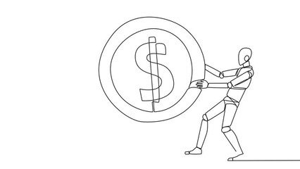 Poster - Animated self drawing of one line drawing two angry robot fighting over the dollar sign coin. The last coin used to buy fresh drinks at the vending machine. Attack. Full length single line animation