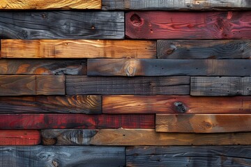 Poster - A vibrant array of painted wooden planks arranged horizontally, showcasing different textures and patterns