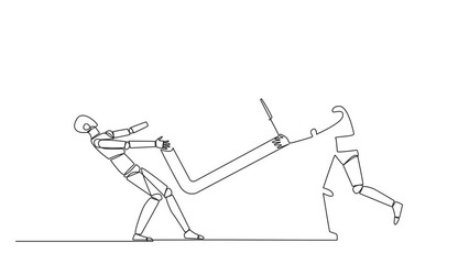 Poster - Animation of continuous line drawing two robot fighting over safe deposit box. Fight for a safe place to store important data. Robot conflict. Competition. AI technology. Full length motion
