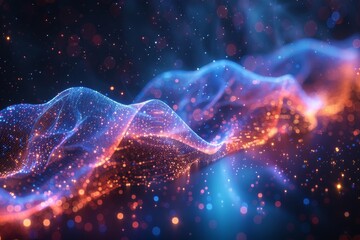 Poster - An abstract image of blue and purple wave-like digital particles, depicting data flow and connectivity
