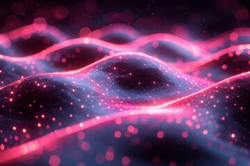 Poster - A flowing sea of red and purple digital particles portrays dynamic data movement and energy