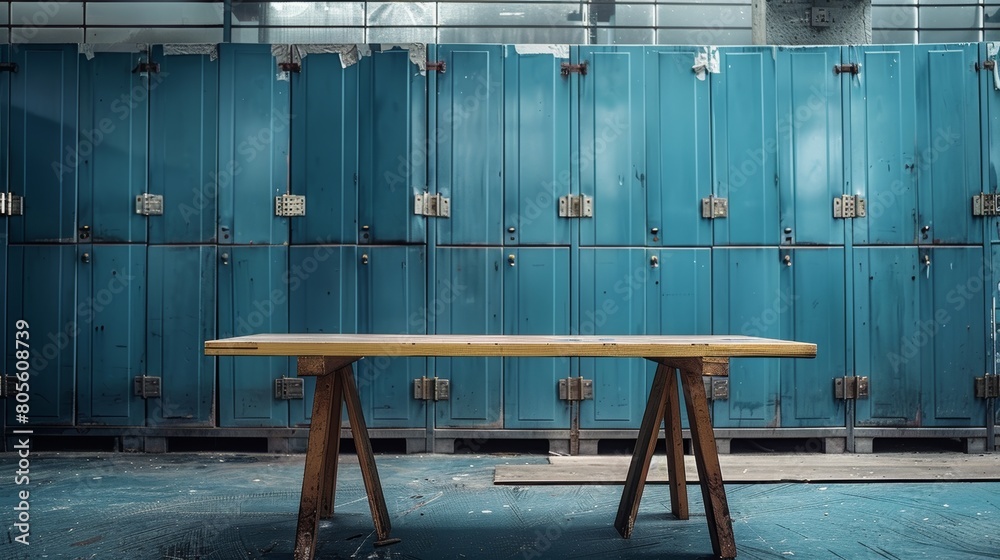 Wooden table in the middle of blue lockers in an industrial gym, front ...