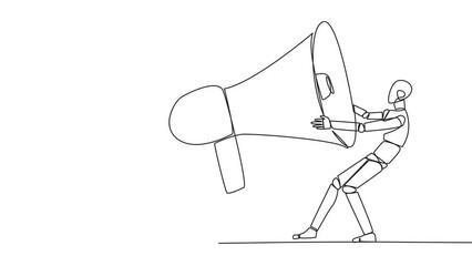 Wall Mural - Animated self drawing of continuous one line drawing two emotional robot fighting over megaphone. Scramble to announce vacancies and look for reliable employees. Full length single line animation