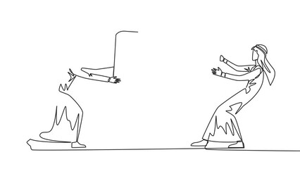Poster - Self drawing animation of one line drawing two aggressive Arabian businessman fighting over briefcase. Fight over the client data contained in the bag. Businessman attack. Full length animated