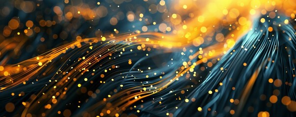 Abstract background with yellow and black fiber optic cables, closeup.
