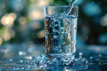 Poster - crystal clear glass of water with effervescent bubbles and splashes on a reflective surface