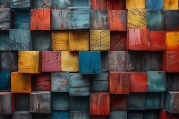 Poster - Creative display of brightly painted wooden panels used to construct an artistically appealing and layered wall texture
