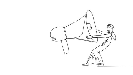 Poster - Animated self drawing of one line drawing two emotional Arabian businessman fighting over megaphone. Scramble to announce vacancies and look for reliable employees. Full length single line animation