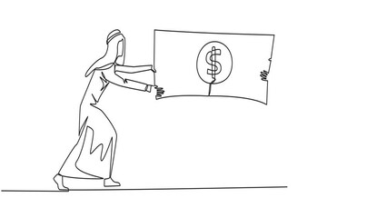 Poster - Animation of one line drawing two Arabian businessman fighting over banknotes. Fight over the capital provided by the government to selected entrepreneurs. Full length motion