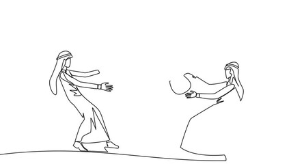 Poster - Animated self drawing of continuous line drawing two Arabian businessman fighting over trophy. The two entrepreneurs are required to contest ideas again. Full length single line animation