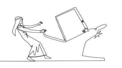 Fototapete - Animation of continuous line drawing two emotional Arabian businessman fighting over laptop. Fighting for information about very good area. One line self drawing animated. Full length motion