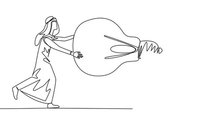 Poster - Animation of continuous line drawing two Arabian businessman fighting over lightbulb. Both of them differed, feeling most right. Emotional. Single line self drawing animated. Full length motion